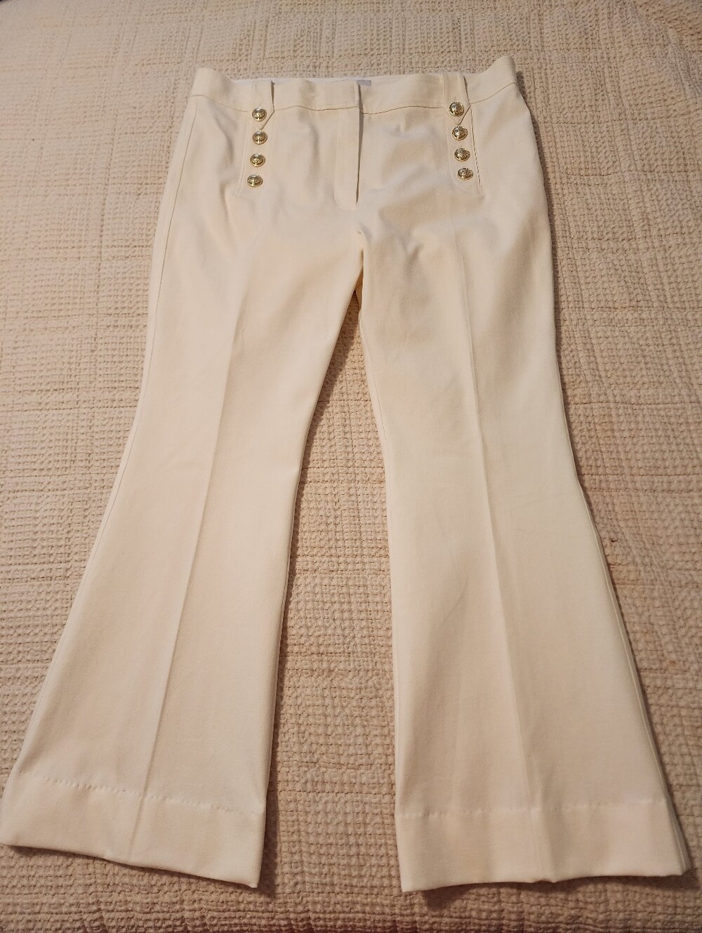 Derek Lam Cream Gold Sailor Button Flare Pants NWOT 18 Quiet Luxury Cotton